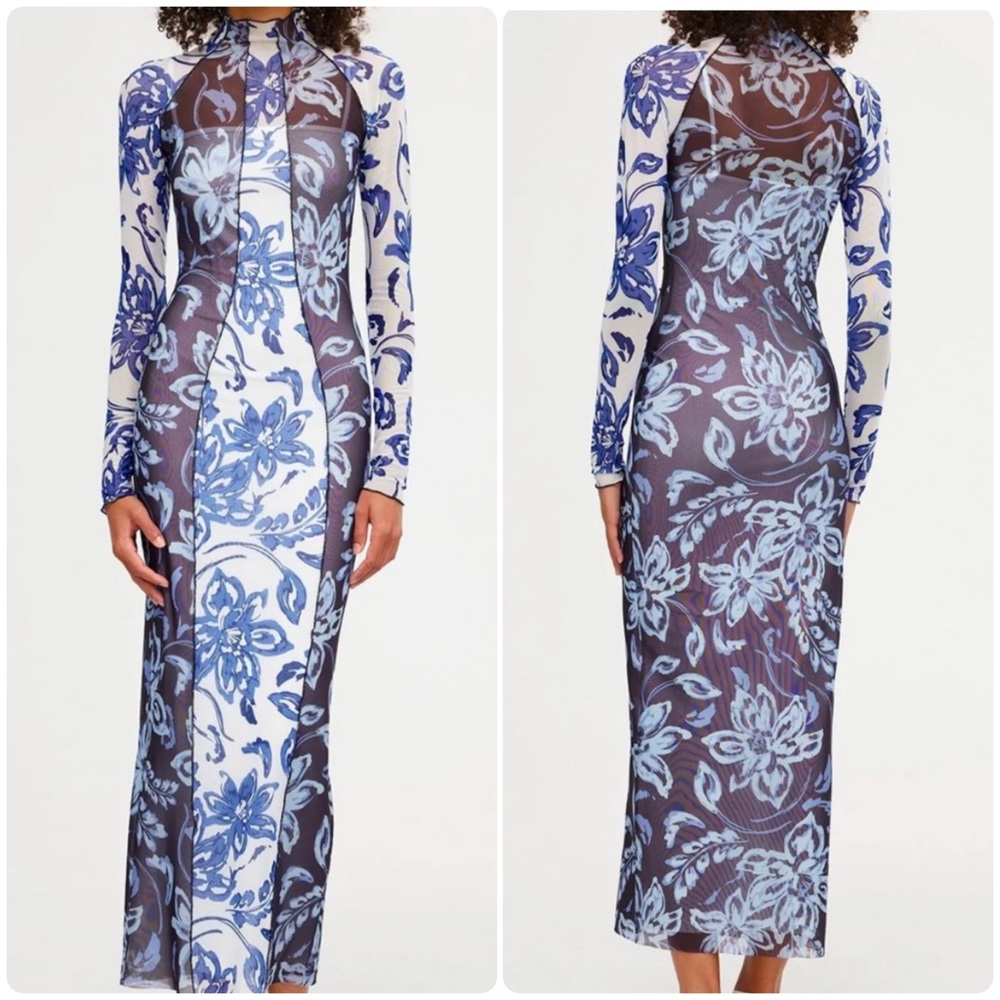 NWOT Significant Other Jean hibiscus blue printed mesh turtleneck bodycon dress